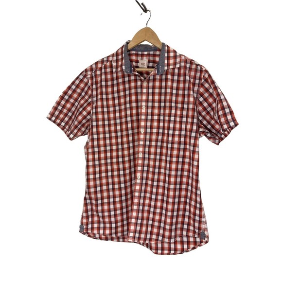 CODE men's L 42cm button down short sleeve gingham blue red white 100% cotton - Picture 10 of 11